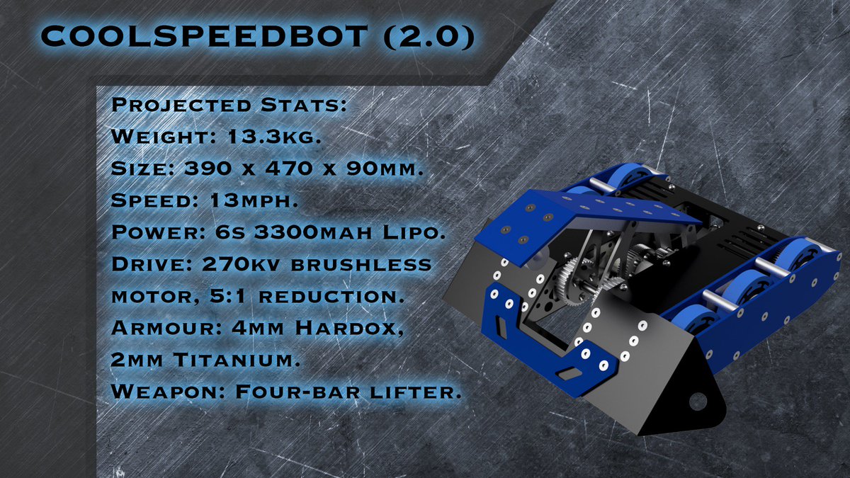 coolspeedbot's tweet image. So I thought I show off the projected stats and the render of the near finished CAD of new featherweight robot Coolspeedbot 2.0 with my own stat board design. #robotwars #robotics #combatrobotics #CAD
