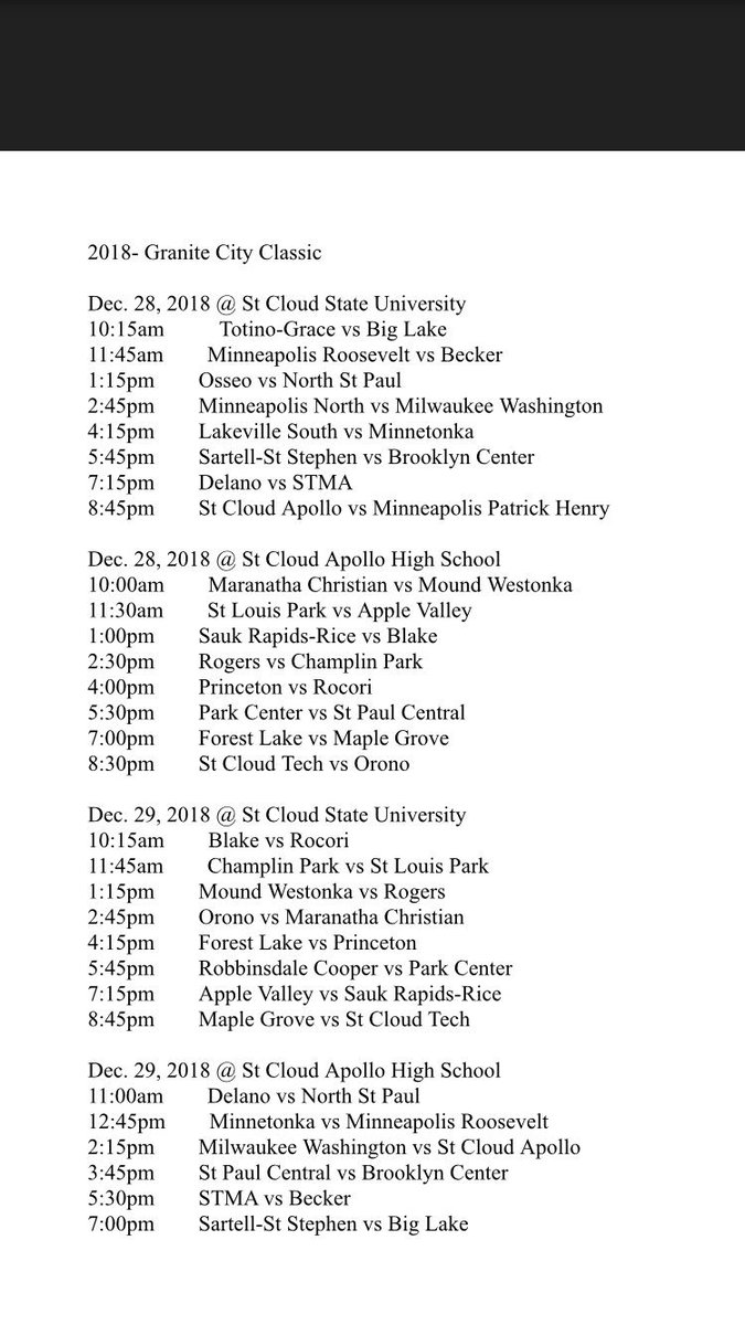 RyanJamesMN's tweet photo. The Newly revised @BreakdownUSA Granite City Classic schedule for games Friday & Saturday (Thursday games rescheduled). #CleanerVersion https://t.co/iSzjKiTQki