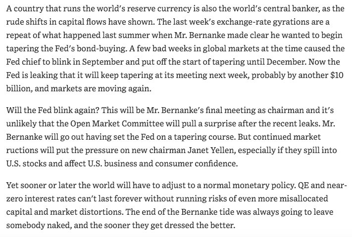 January 2014  https://www.wsj.com/articles/the-bernanke-tide-1390603622?mod=searchresults&page=9&pos=19&tesla=y"Yet sooner or later the world will have to adjust to a normal monetary policy...The end of the Bernanke tide was always going to leave somebody naked, and the sooner they get dressed the better."