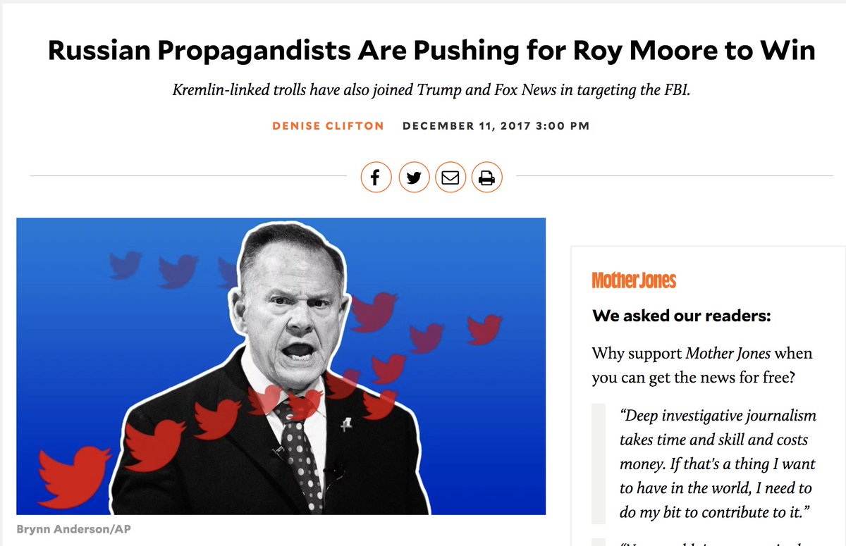 Cernovich's tweet image. Jonathan Morgan / #Hamilton68 bought Russian bots.

They had those bots follow Roy Moore during AL Senate election.

Hamilton68 wrote a "report" that Roy Moore is followed by Russian bots.

Mainstream media covers report (no fact-checking).

This is how the fake news gets made.