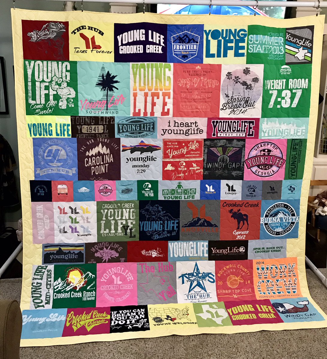 HUByounglife's tweet photo. When one quilt won’t hold all your Young Life tees so you got two for Christmas! Best Christmas ever! #isover100toomany #nah #whyiYL #50yearsofthehub https://t.co/GllMmb5UWr