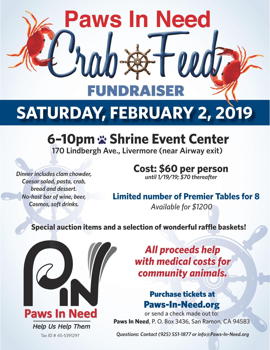 PawsInNeedBA's tweet image. Paws In Need CRAB FEED - Sat., Feb. 2, 2019. 6pm-10pm. Clam chowder, fresh crab, pasta, bread, salad, &amp;amp; dessert! Awesome raffle baskets and silent auction items! All proceeds benefit medical programs. $60 to Jan. 19, $70 thereafter. Paws-In-Need.org