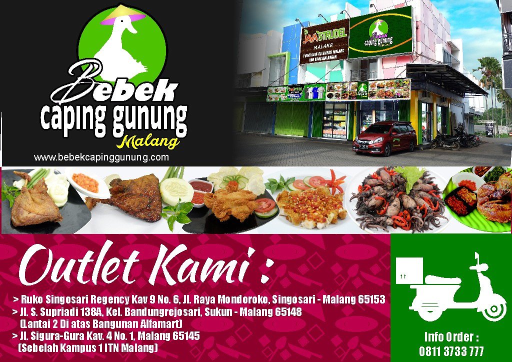 SWTani2's tweet image. 1. Ruko Singosari Regency Kav. 9 No. 6, Jl. Raya Mondoroko, Singosari Malang

2. Jl. S. Supriadi 138 A, Sukun-Malang

3. Jl. Bend. Sigura-Gura Kav. 4 No. 1 Malang
Melayani Nasi Kotak
Free Ongkir Malang 
Info Order WA/SMS : 08113733777, 0341 560278
W: bebekcapinggunung.com