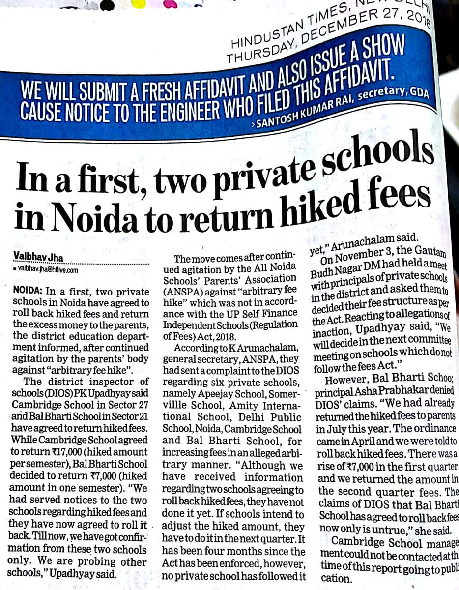 RuchiAngrish's tweet photo. In a first, two private schools in Noida, #CambridgeSchool n #BalBharti School have agreed to return hike in #fees. Wondering if checks are being done for all schools in Noida n their arbitrary fee hike... Parents in Noida do share your views and concerns. Great work by #ANSPA 👏 https://t.co/C53pwRBZBW