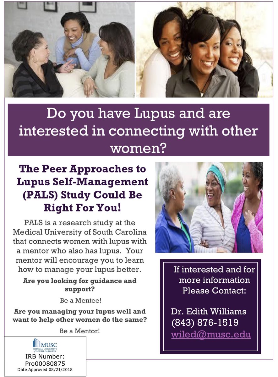 thelupusliar's tweet photo. Thinking of being a mentor for someone diagnosed with lupus? Or would you like to be mentored? Contact Dr. Edith Williams with @muschealth for more information! Email: wiled@MUSC.edu Call (843) 876-1519. #paymentopportunity #lupusisreal #selfcarewhilehelpingothers https://t.co/DmO4NcAIV7