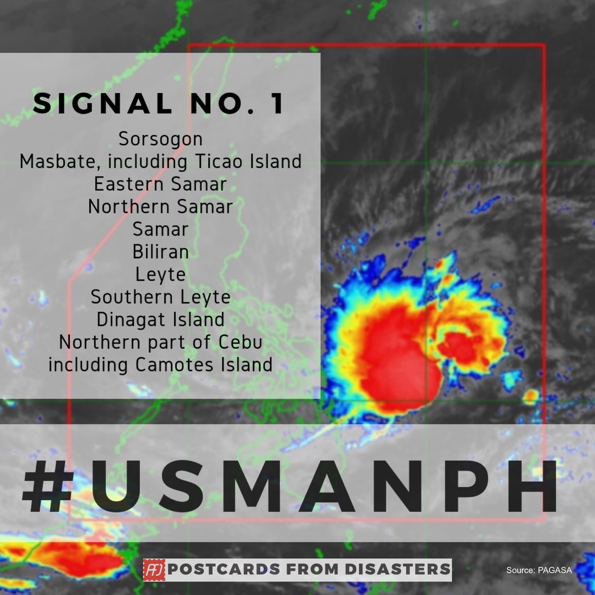 PFDisasters's tweet photo. #TyphoonWatch: Warning Signal No. 1 raised over 12 areas. Expect moderate to heavy rains in these areas.
#UsmanPH #postcardsfromdisasters https://t.co/Govo9ZMQu0