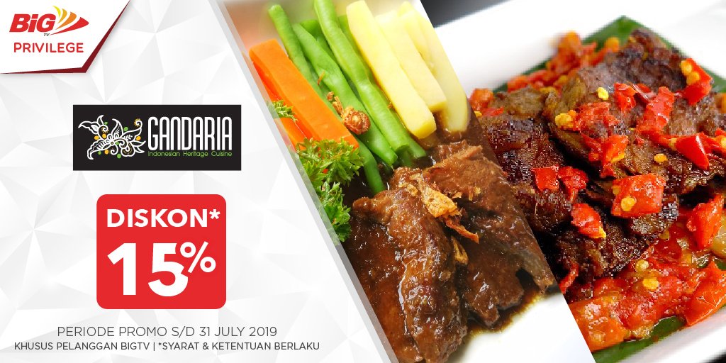 Resto yang mengusung konsep makanan indonesia dengan harga kaki lima rasa bintang lima, Gandaria Resto menjadi salah satu tempat makan yang banyak di kunjungi di Jakarta Selatan ini. Dan dapatkan juga diskon spesial khusus Bigmate sebesar 15%.

Klik : bigtvhd.com/gandariaresto