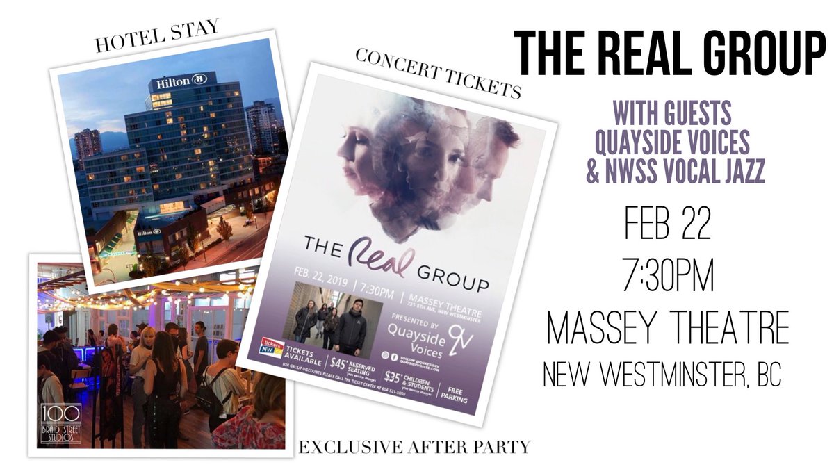 TourismNewWest's tweet photo. Hey #acapella lovers! @therealgroup is coming to greater #vancouver Feb 22. Buy tickets to the show, book a hotel room @hiltonvanmetro &amp; get into the exclusive After Party @100BraidSt Brought to you by @QuaysideV https://t.co/8zMpsH2rkw #washingtonstate #seattle #newwest https://t.co/k6EWqFdhnY