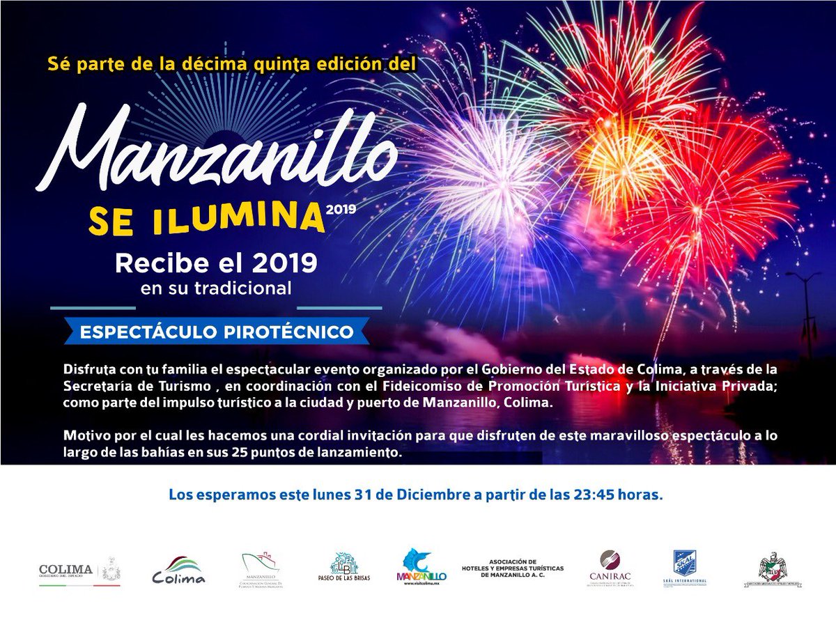 Este 31 de diciembre puedes ser testigo del gran espectáculo pirotécnico #ManzanilloSeIlumina recibe el 2019 lleno de luz y color 🎇🎆 ¡te esperamos!