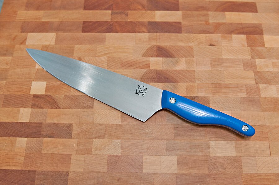 8” chef knife with blue G10 knife scales &amp; Ti bolts done, in stock and ready to ship! #knifesale #knifeforsale #cutlery #cooksknife #chefsknife