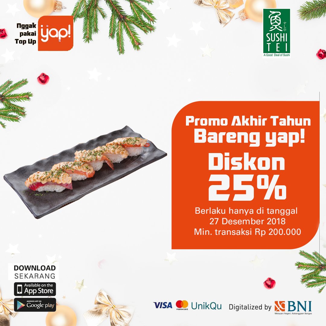 yapinaja's tweet photo. Manjakan lidah kamu dengan menikmati sushi favorit di Sushi Tei! Dapatkan diskon hingga 25% dengan menggunakan yap! Informasi selengkapnya, klik di https://t.co/ZdGlICqtEm #yapinaja https://t.co/Znyh1JHFnM