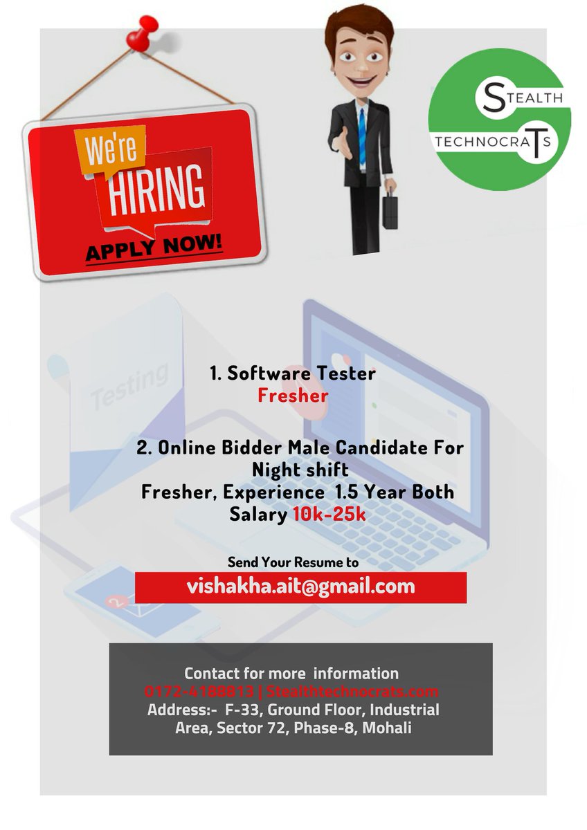 StealthtechST's tweet image. We are #Urgent hiring 😶😶
Fresher #Software_Tester
#Online_Bidder 1.5 Year Experience and Fresher for Night Shift !!
10k to 25k Salary

#hiring #SoftwareTester #onlinebidder #linkdin #hiringonlinebidder #hiringSoftwareTester #facbook #instagram #linkedin