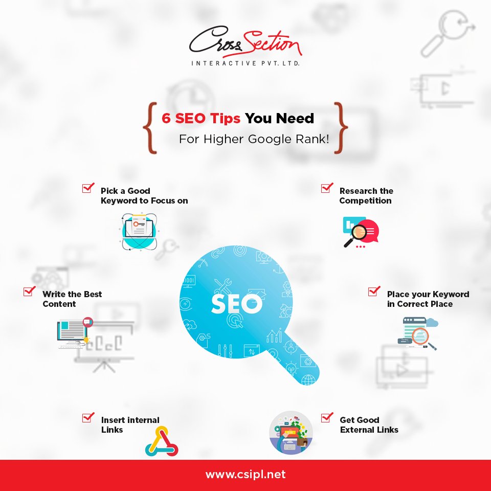 The 6 advanced ways of SEO to improve your Keywords Rank In SERP-

CSIPL focuses on these key #SEO tips while providing SEO service. Choose Us @ bit.ly/2MMxwGm

#CSIPL #WebsiteDesgningCompany #BestSEOservices #GoogleSERPs #SERP #SearchEngine #KeywordsRank #LatestTrends