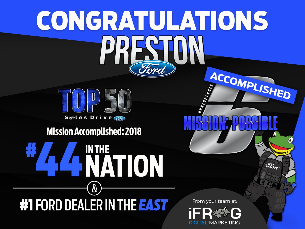 ifrogms's tweet image. We are proud to congratulate Preston Ford for achieving #44 in the Nation for 2018 new Ford sales and being the #1 Ford dealer in the east! An unbelievable accomplishment from a store in a town of fewer than 800 people!