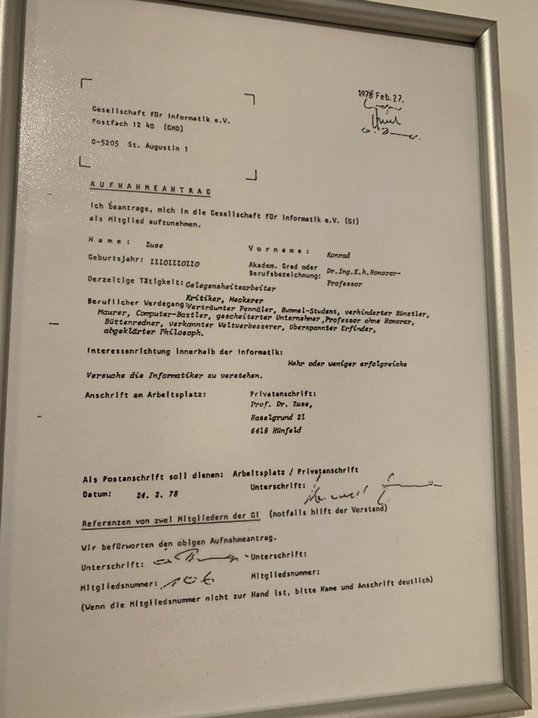 Konrad Zuses Aufnahmeantrag in die Gesellschaft für Informatik. 😂