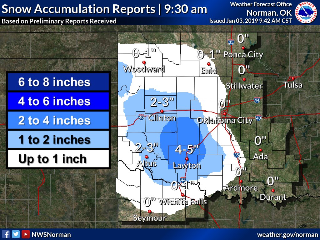 NWSNorman's tweet photo. 945am - updated actual snowfall totals based on reports #okwx #txwx https://t.co/RSxRGNIiyp