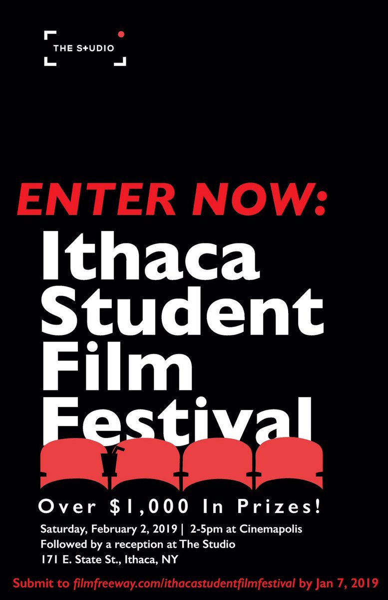 ParkProductions's tweet photo. Happy New Year from Park Productions &amp; @thestudioic The deadline to submit your film for the Ithaca Student Film Festival is January 7th, 2019- just a few days away! You can enter using the link in our bio, or by clicking on the Ithaca Student Film Festival poster on our website! https://t.co/WhqTOjEwjt