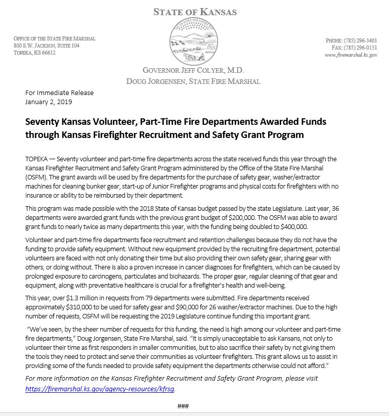Congratulations to all the volunteer and part-time fire departments for receiving these important safety grants this year. Firefighters put their lives on the line to keep us safe and we thank them for their courage and service. #ksleg