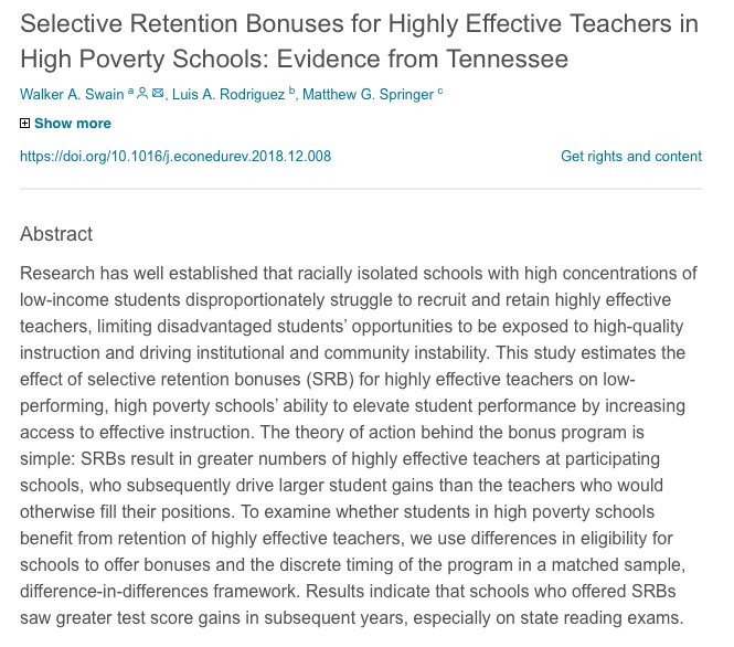 Matt Barnum (@matt_barnum) on Twitter photo Interesting new study showing that teacher retention bonuses boosted test scores in high-poverty Tennessee schools sciencedirect.com/science/articl… via <a href="/walkerswain/">Walker Swain</a>, <a href="/eduspringer/">Matthew G Springer</a> and @rodrila1 Interesting new study showing that teacher retention bonuses boosted test scores in high-poverty Tennessee schools sciencedirect.com/science/articl… via <a href="/walkerswain/">Walker Swain</a>, <a href="/eduspringer/">Matthew G Springer</a> and @rodrila1