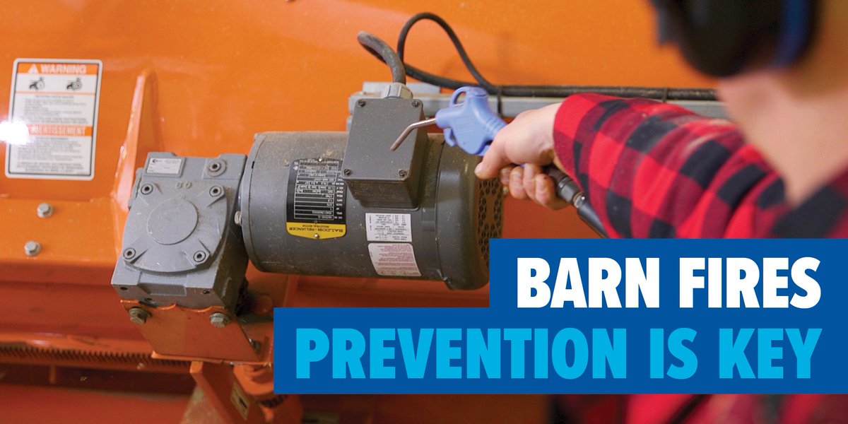 A farmer using a pressurized air blower to clean dust and other combustibles off farm equipment.
