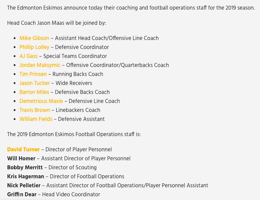 Chris O Leary On Twitter The Esks Have Announced Their Coaching Staff Front Office For The 2019 Cfl Season Notable Ee Names Back In The Mix Jason Tucker And Aj Gass Phillip Lolley Also