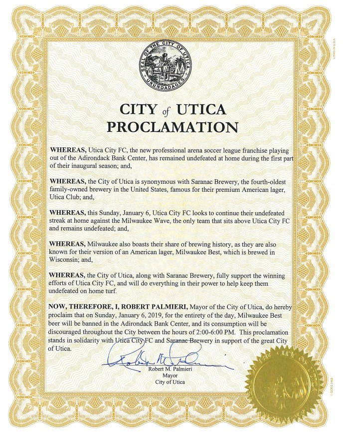 MayorPalmieri's tweet photo. For Immediate Release
January 3, 2019.
MAYOR PALMIERI BOOSTS #UTICACLUB BEER, BANS #MILWAUKEESBEST AHEAD OF SOCCER MATCH - Discourages Consumption of Brew on Sunday as @MilwaukeeWave Plays @UticaCityFC. #UTICANY #SOCCER #FOOTBALL #RIVALRY #BEER #BESTLITTLECITY #UCFORME https://t.co/CWVGysxHTy