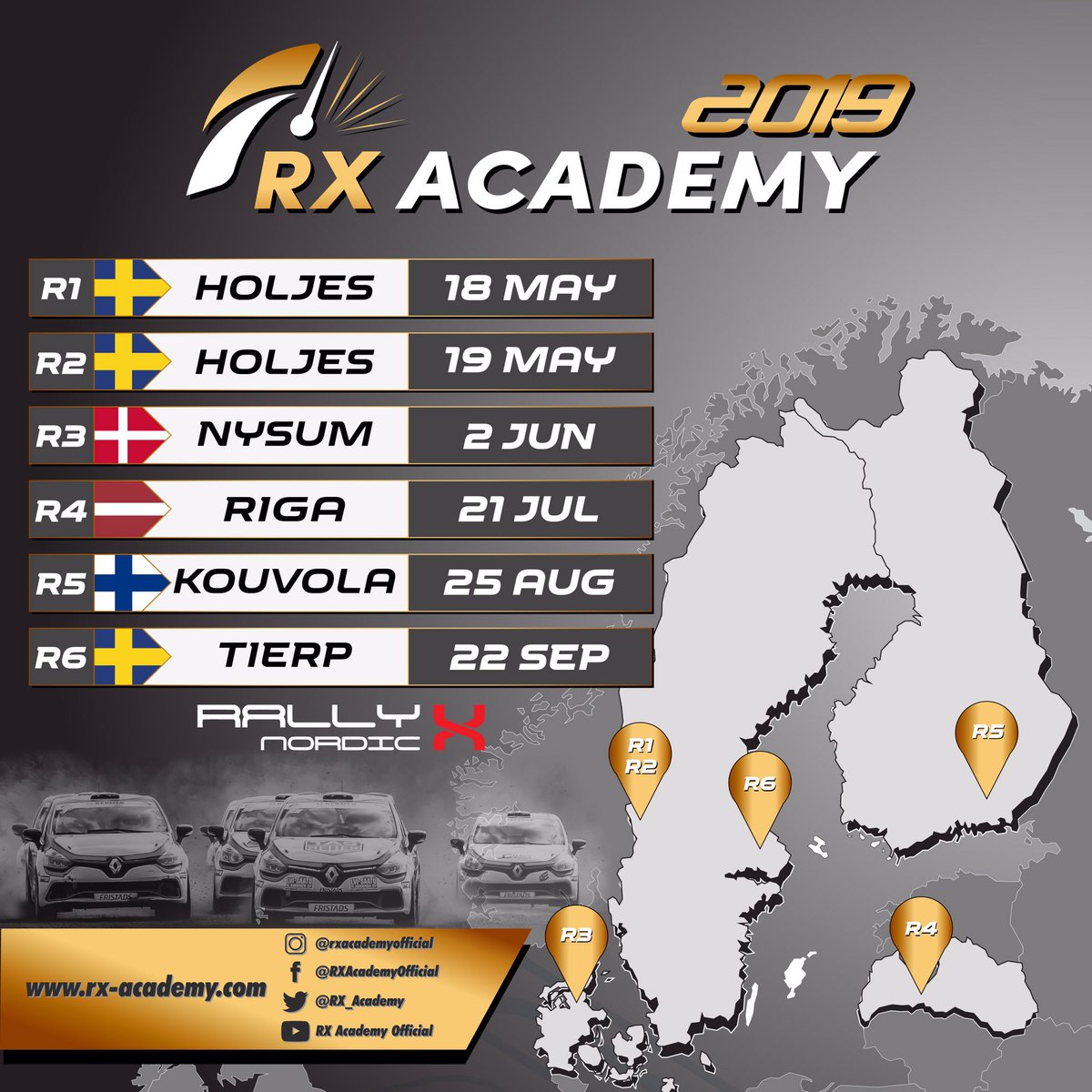 CALENDAR UPDATE
To give #RXAcademy participants the best opportunity to benefit from the programme, the 2019 calendar has been adjusted to avoid clashes with #WorldRX events

This means we will now visit Denmark 🇩🇰 for the first time and will join <a href="/rallyxnordic/">RallyX Nordic / RallyX on Ice</a> for all 6 rounds