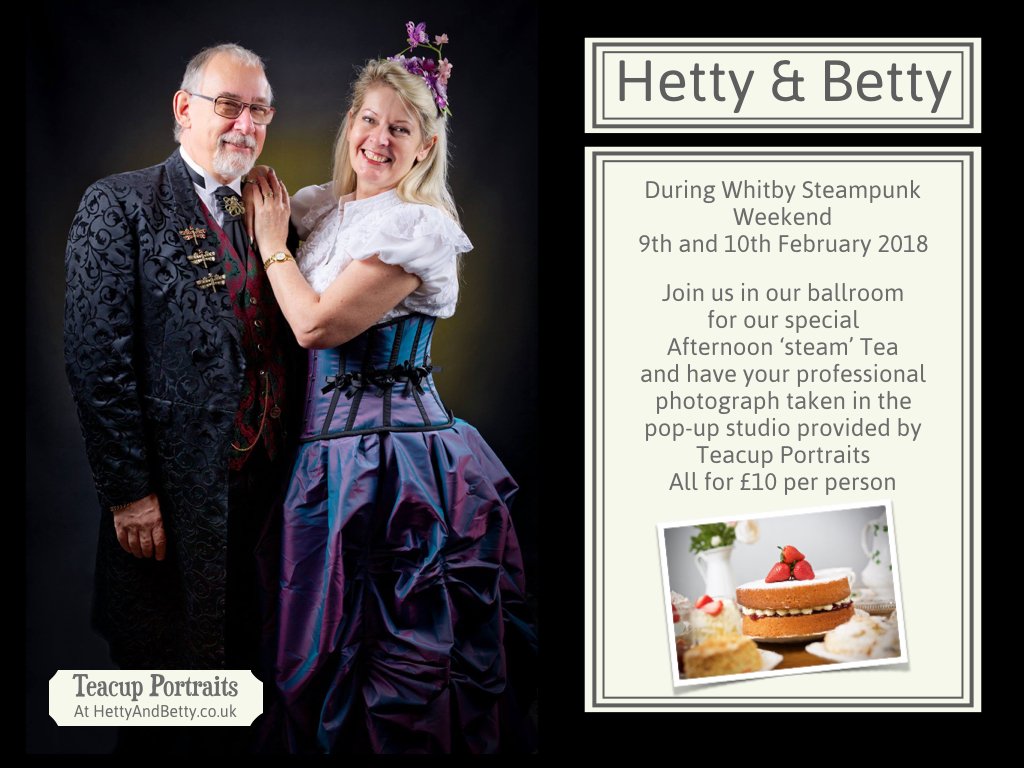 HettyBetty_Cafe's tweet photo. Attending Whitby Steampunk Weekend? Pop along and see us for Afternoon Steam Tea and your photo by a professional photographer - all for £10pp!

#Steampunk #Whitby #Yorkshire #WonderfulWhitby #VisitYorkshire #YorkshireCoast 
@TeacupPortraits #HettyAndBettyWhitby https://t.co/UGgw97yCoX