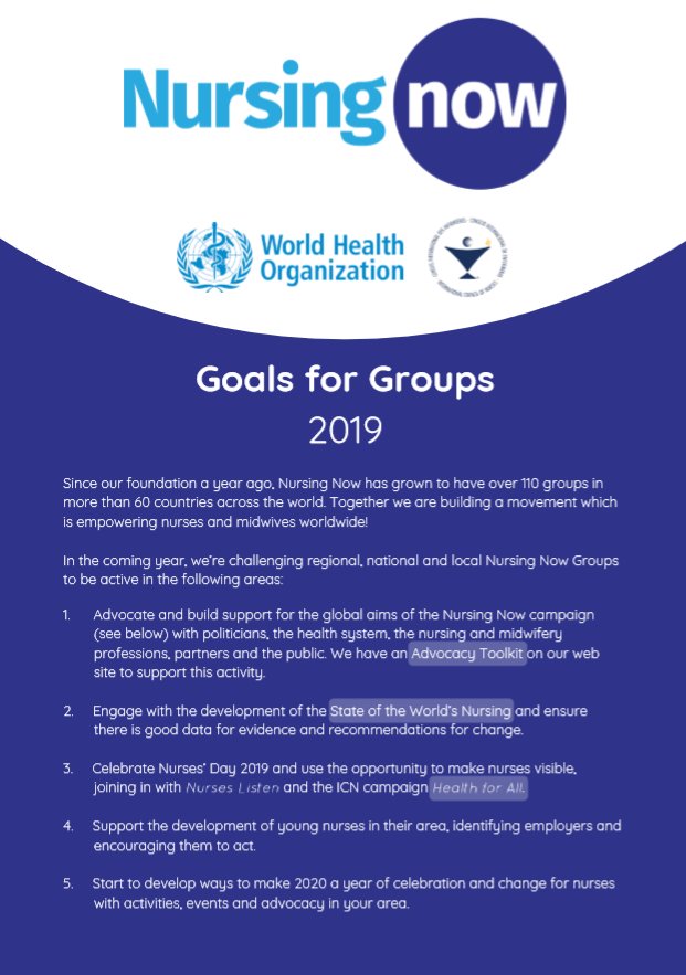 NursingNow2020's tweet photo. Happy New Year everyone! 💐 
To kick start 2019, here's our new #NursingNow Goals for Groups! We hope all of you. wherever you are in the world, will get involved and help us to make this year an even bigger success than the last. Download the PDF here: https://t.co/b7x72Hi4q7 https://t.co/tM0fgXTfUE