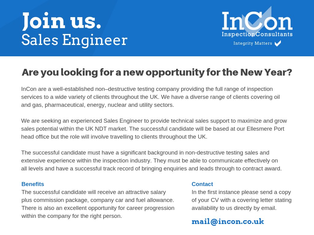 InConUK's tweet photo. We are seeking an experienced Sales Engineer to provide technical sales support to maximize and grow sales potential within the UK NDT market. Send a copy of your CV with a covering letter stating availability to mail@incon.co.uk. #jobs #recruiting #ndt #salesengineer #werehiring https://t.co/uHvEEzzA7E