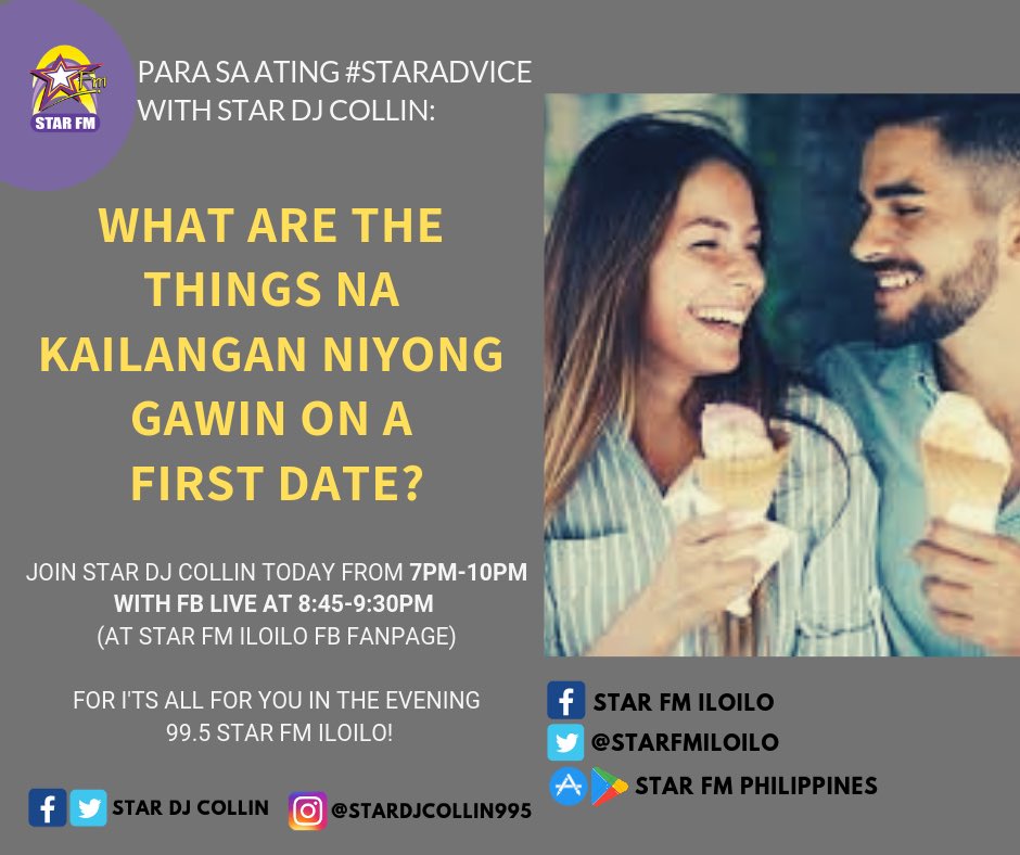 StarFMIloilo's tweet photo. Dahil nga New Year daw is all about FIRSTs, pag-usapan natin sa #StarAdvice with @StarDJCollin kung ano yung mga bagay na pwede ninyong gawin on your FIRST DATE! He will be with you 'til 10PM for It's All For You in the Evening! 💜💛
Kaya dito ka na sa himpilan that #ItsAllForYou https://t.co/R6DopHgPEl