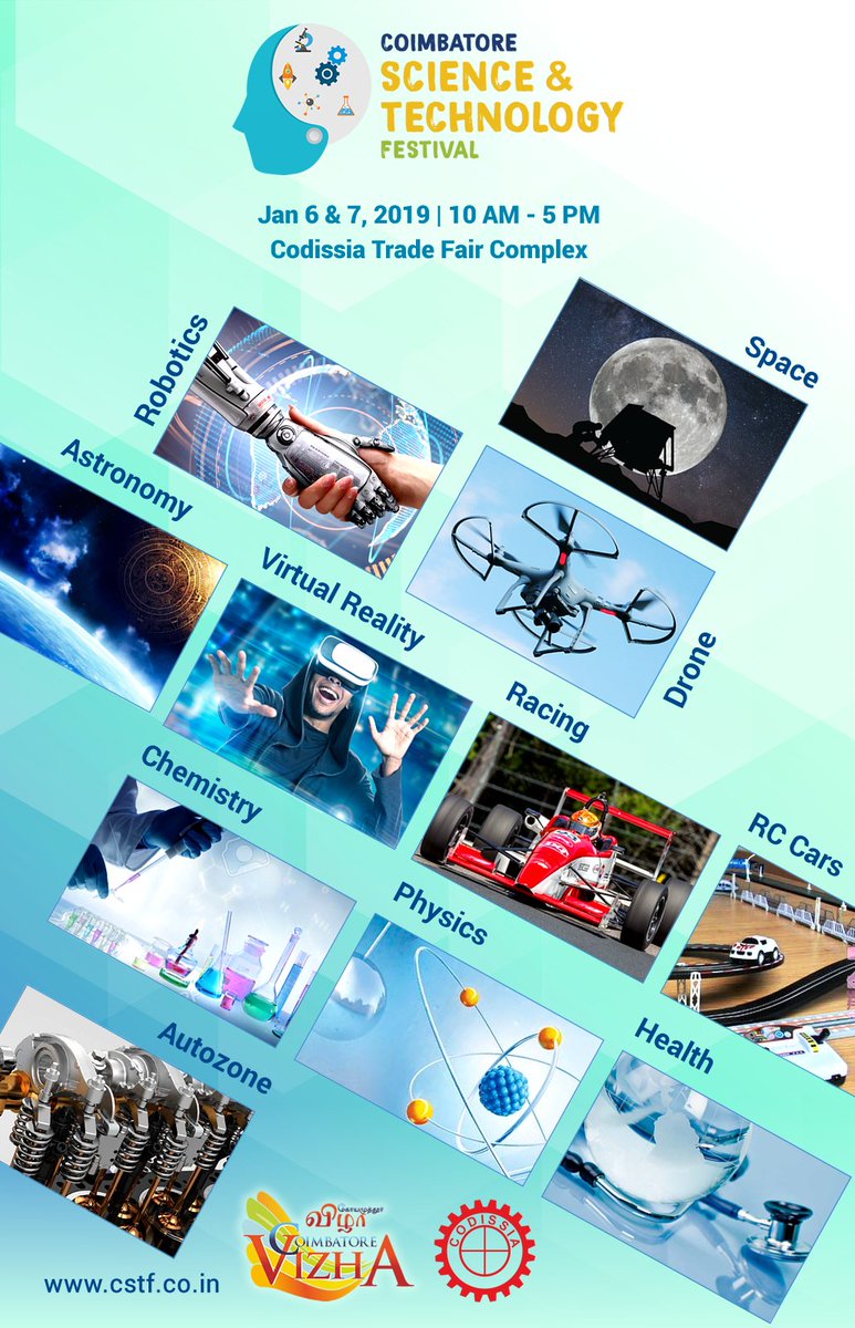 CSTFEvent's tweet image. Coimbatore Science &amp;amp; Technology Festival has interesting experiential exhibits on display for all ages. Don&apos;t miss this unique first ever experience in our city!

6 &amp;amp; 7 Jan, 2019, 10 AM To 5 PM @ Codissia Trade Fair Complex.

facebook.com/events/7605487…

#CSTF #CelebrateCoimbatore