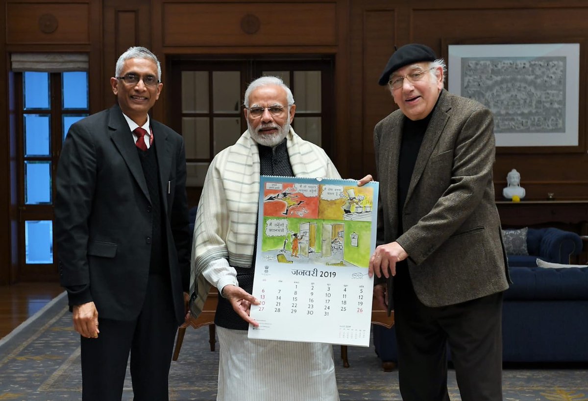 The #SwachhBharat 2019 calendar was recently presented to the Hon'ble Prime Minister, Shri <a href="/narendramodi/">Narendra Modi</a> by veteran cartoonist, Sudhir Dar and MDWS Secretary, Shri <a href="/paramiyer_/">Param Iyer</a>. Here is a glimpse of the same.