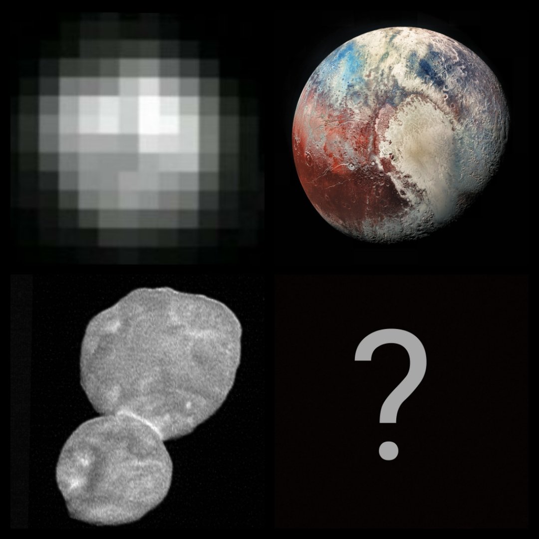 Triple__VI's tweet photo. @JHUAPL @NASANewHorizons @NASA Top 2 pictures are of Pluto from 1994-2018.We can see how much technology has progressed.The icey object in the bottom left corner is #UltimaThule which is 1 billion miles away from Pluto.When do you think we'll get a more detailed picture? What would it look like? #AstroSciChat https://t.co/YNhnv4TXOk
