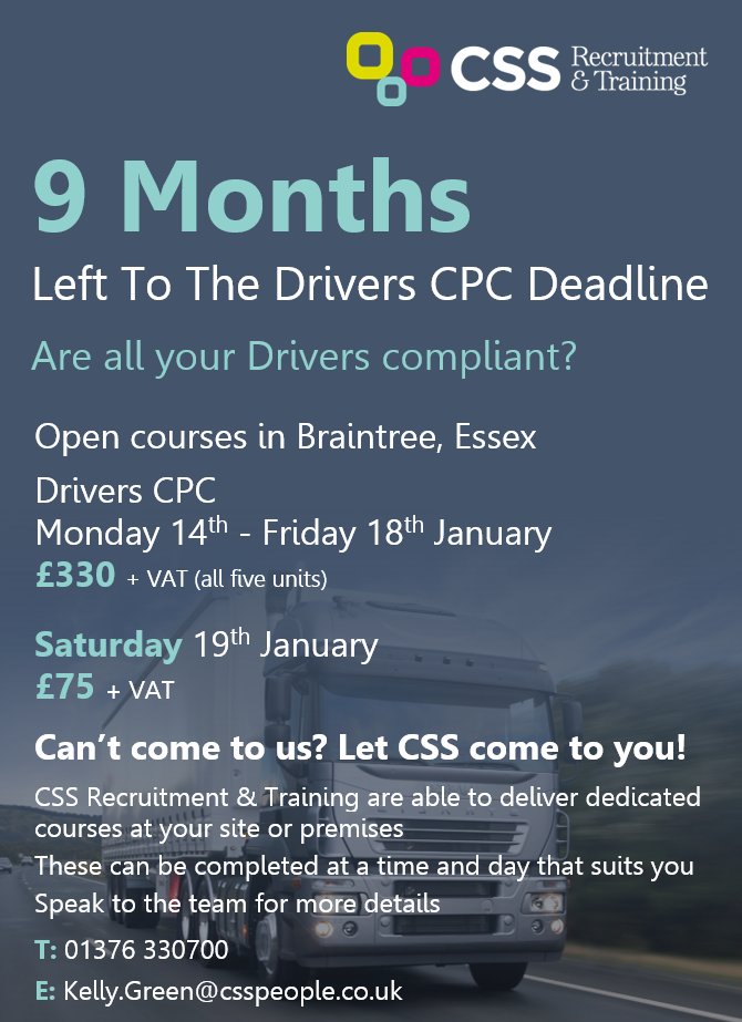 CssRecruitment1's tweet image. There Is Now Only 9 Months Left To The #DriversCPC Deadline 👇 Are All Your Drivers Compliant❓

For more information about our Training Courses please contact our Training team on 01376 330700! #Training