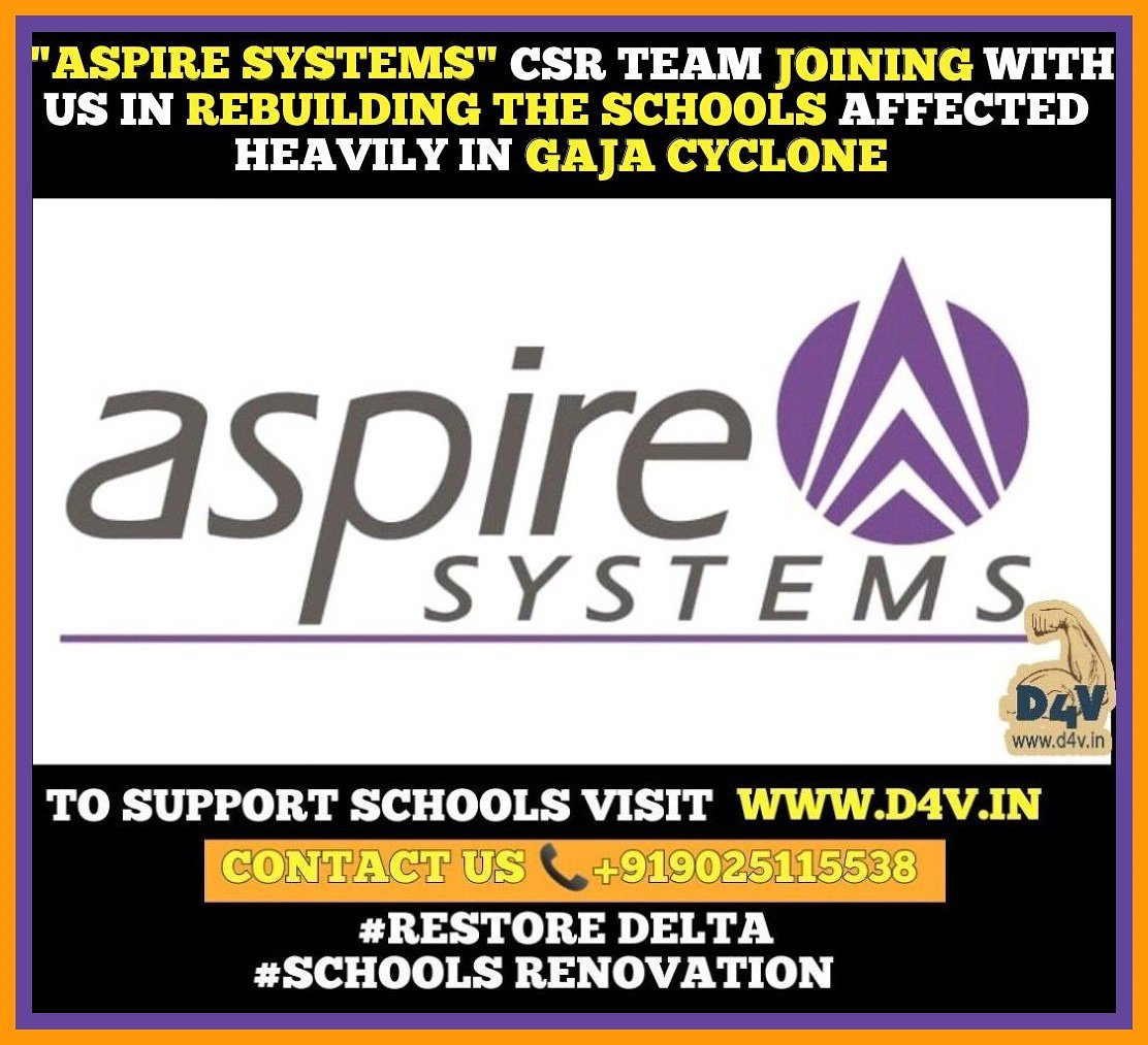 D4Vsupport's tweet photo. Happy News😍
Aspire Systems CSR Team joining with us in rebuilding the  schools affected heavily in Gaja Cyclone. They have allocated 3.95L for rebuilding. 
https://t.co/VKoWrSlFB7

To support the schools visit
https://t.co/SlzZGHzYHZ
📞+919025115538
#RestoreDelta https://t.co/Ev7J6WO6DO
