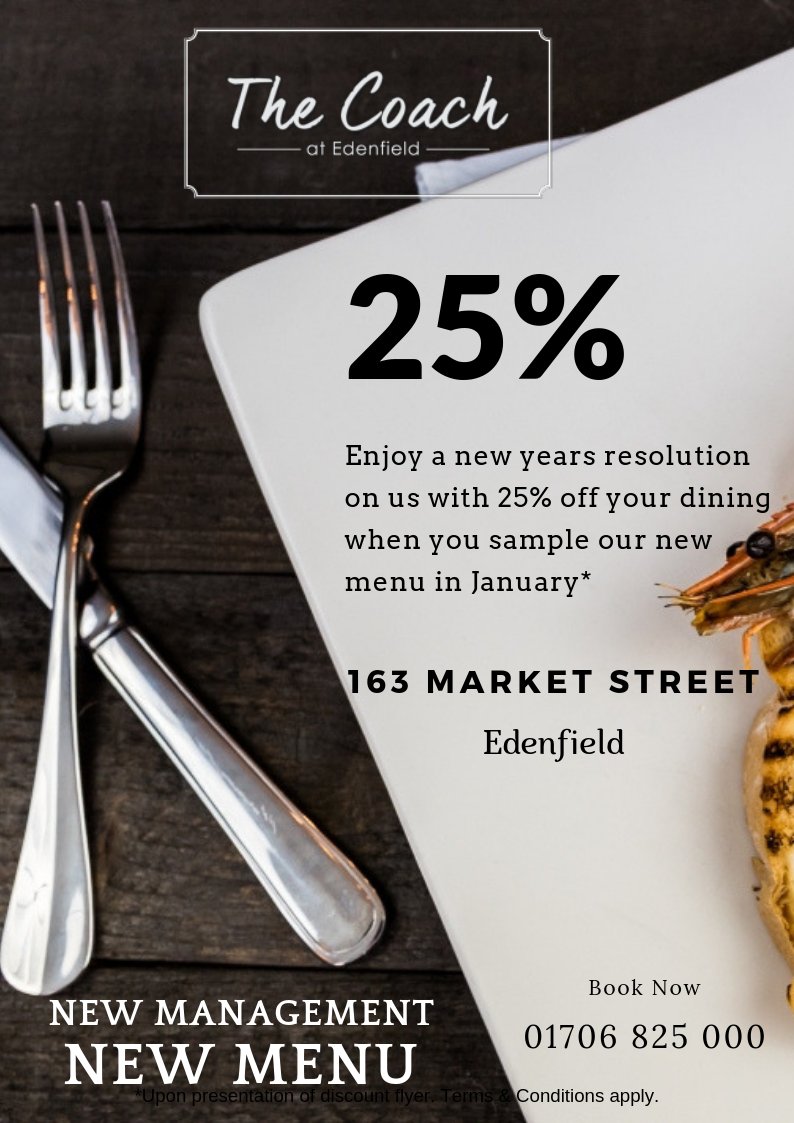 thenewcoach's tweet photo. From Monday, you'll be able to enjoy our brand new menu. We are also offering you a generous, New Year discount of 25% off your meals. 
Happy 2019! https://t.co/dLCispc2pA