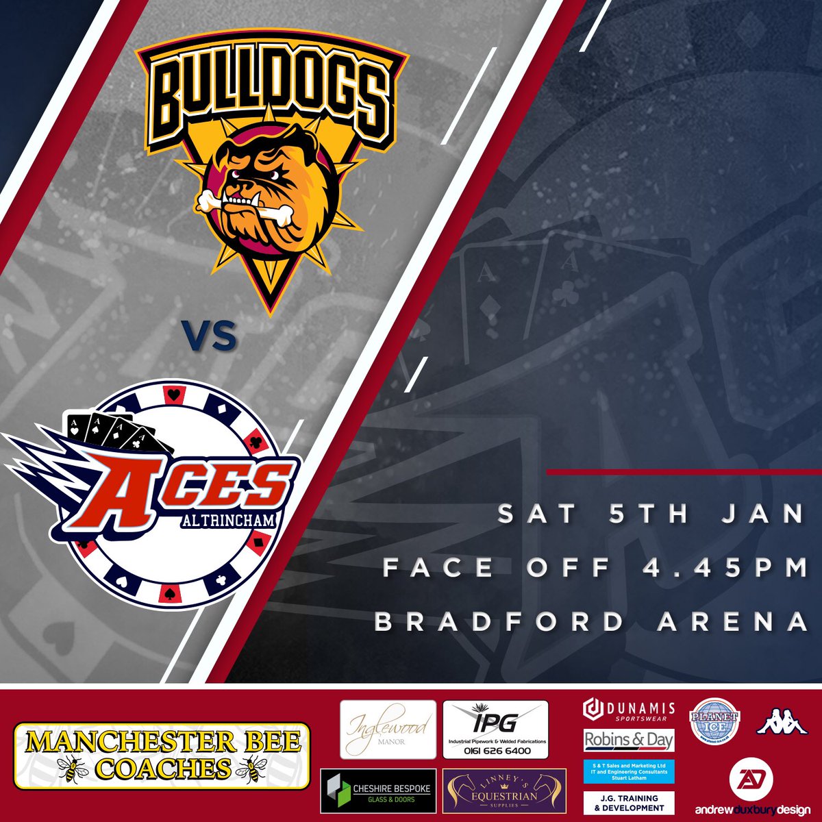 Altrincham Aces (@altyaces) on Twitter photo Aces are back in action for the first time in 2019, as we face local rivals <a href="/Bulldogsihc/">Bradford Bulldogs</a> on the road at <a href="/bradfordice/">Bradford Ice Arena</a>. Let’s start 2019 with bang and see as much travelling support as possible!
#aces #bulldogsvsaces #letsgoaces Aces are back in action for the first time in 2019, as we face local rivals <a href="/Bulldogsihc/">Bradford Bulldogs</a> on the road at <a href="/bradfordice/">Bradford Ice Arena</a>. Let’s start 2019 with bang and see as much travelling support as possible!
#aces #bulldogsvsaces #letsgoaces
