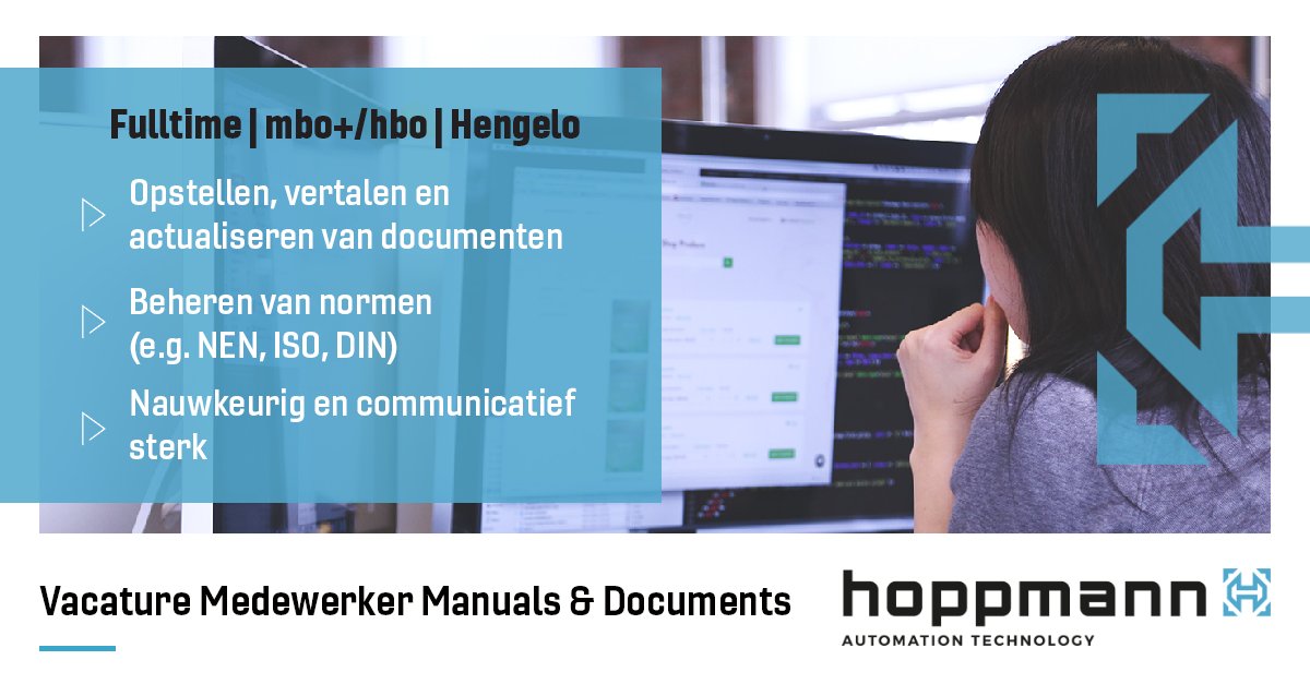 Wil jij je bezig houden met het opstellen, vertalen en actualiseren van handleidingen en documenten bij onze producten? Bij Hoppmann in Hengelo (Ov) zijn we op zoek naar een Medewerker Manuals &amp; Documents. Interesse? bit.ly/2CLUviV #vacature #nieuweuitdaging