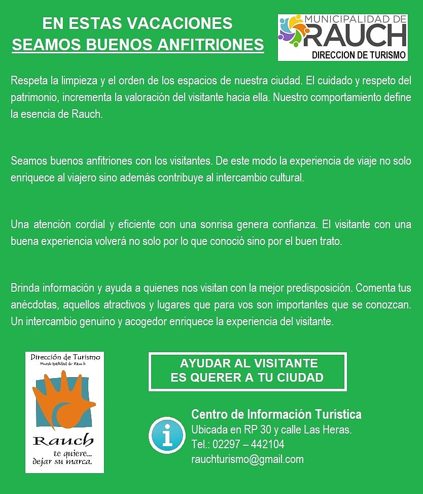 RauchTurismo's tweet photo. #BuenosAnfitriones En estas vacaciones Rauch es el destino de muchos visitantes y queremos que disfruten de una exelente experiencia. #rauch #vacaciones #anfitriones #visitantes #turistas @MuniRauch @alfmiguel40 @TurismoPBA @AIzquierdoRauch @maxisuescun https://t.co/XCAdzStnFZ