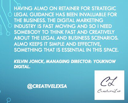 CreativeLexSA's tweet image. Thank you @youKnow_Digital &amp;amp; @KelvinJonck for the love. We have a select few client spots left for a unique and creative legal service in the #tech/#fintech/#insuretech space. Give me a shout if you are interested to chat. @almolubowski #marketingtech #legalservices