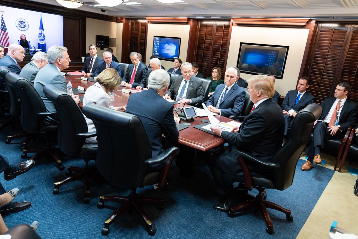 It’s 2019 and Nancy Pelosi is the only woman pictured around the table for yesterday’s administration briefing with congressional leaders. (Kirstjen Nielsen participated via video.)