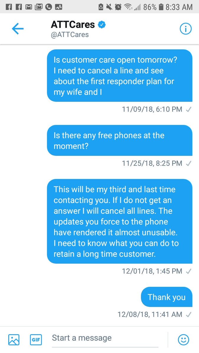 dfd3036's tweet photo. Proof @ATTCares could care less. 11 years we've been a loyal customer and this is the response we get. https://t.co/58tgmksE3P