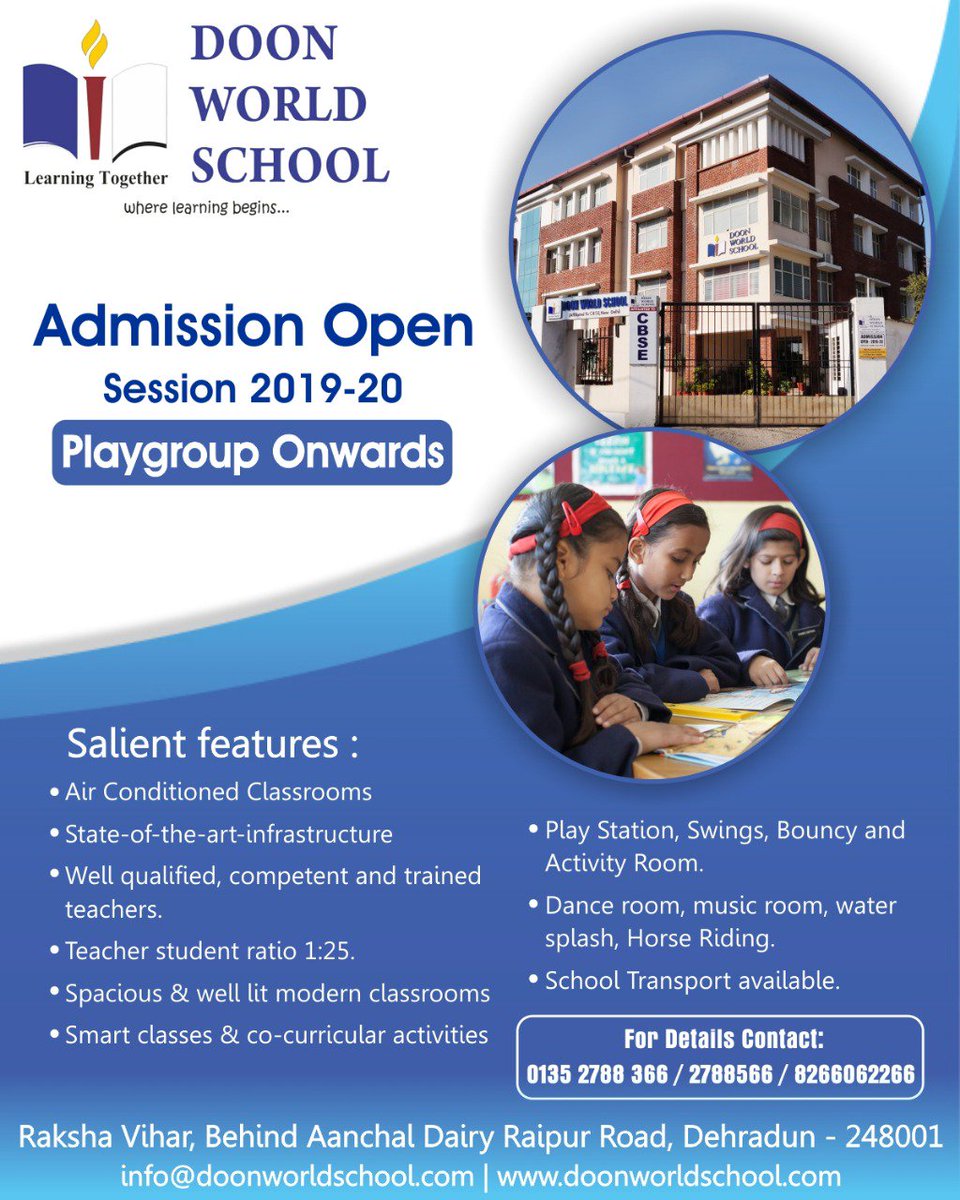 doonworldschool's tweet photo. Doon World School welcomes you to the opening of its Session 2019-20 from Playgroup Onward..... Plan your child's future and visit our campus
@WorldDoon #admissionopen #2019 #newsession #beginningofnewsession #school #kids #education #brightstudentsbrightfuture 🏅📚👩🎓👨🎓 https://t.co/FahTCfTOop