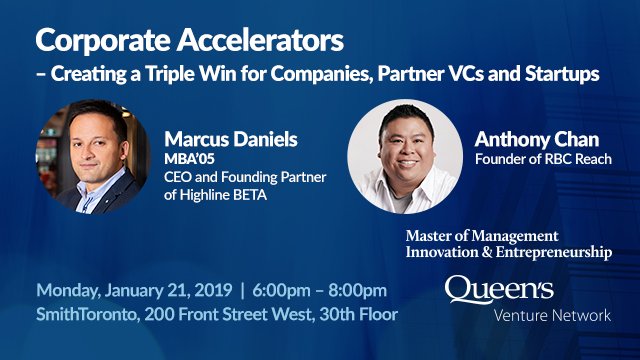 QVentureNetwork's tweet photo. Join us @SmithBusiness (Toronto) for insight into why there is a rise in Corporate Accelerators. Queen's alum @marcusdaniels, @HighlineBETA and Anthony Ryan from @RBC Reach will share their knowledge - https://t.co/qny2PQFHKD https://t.co/CqPGneQzWF