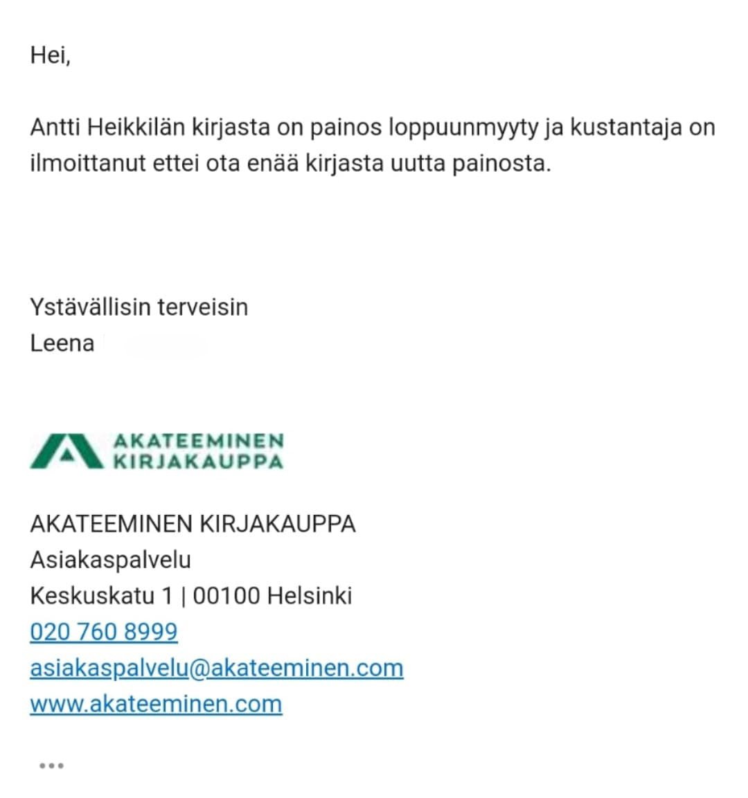 ohaataja's tweet photo. Otava on nähtävästi ilmoittanut, että se ei ota enää uutta painosta Antti Heikkilän Lääkkeetön elämä -kirjasta. Kysynnän puute on tuskin ollut tässä syynä. #kirja #heikkilägate https://t.co/bEQYj2VYyE