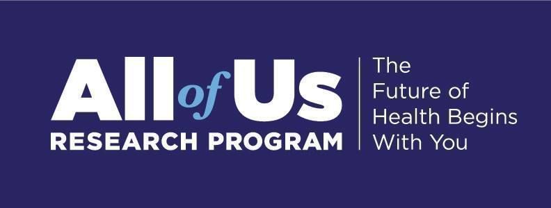 Text (white and light blue) reading "All of US Research Program The Future of Health Begins with You" on a dark blue background