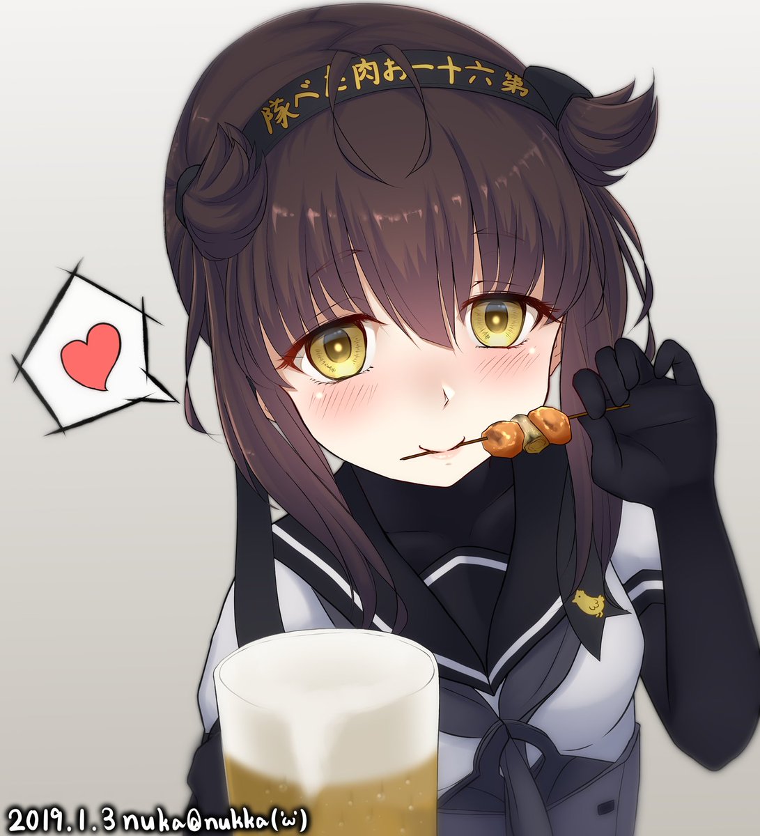 艦これ「「提督!焼鳥とビールの組み合わせは最高だな!」

('ω') 遠慮せず食べなさい」|ぬか('ω')＠ⓝⓤⓚⓚⓐのイラスト