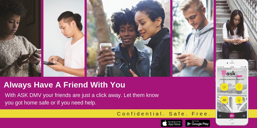 UASKDMV's tweet photo. Keep your friends posted! With #UASKDMV, telling your friends you need assistance or you got home safe has never been easier. Send pre-set messages, your GPS location, and emergency information to your selected friends instantly. Download UASK DMV today! https://t.co/Ak1lj0T0M5 https://t.co/8hFUyPSAQ5