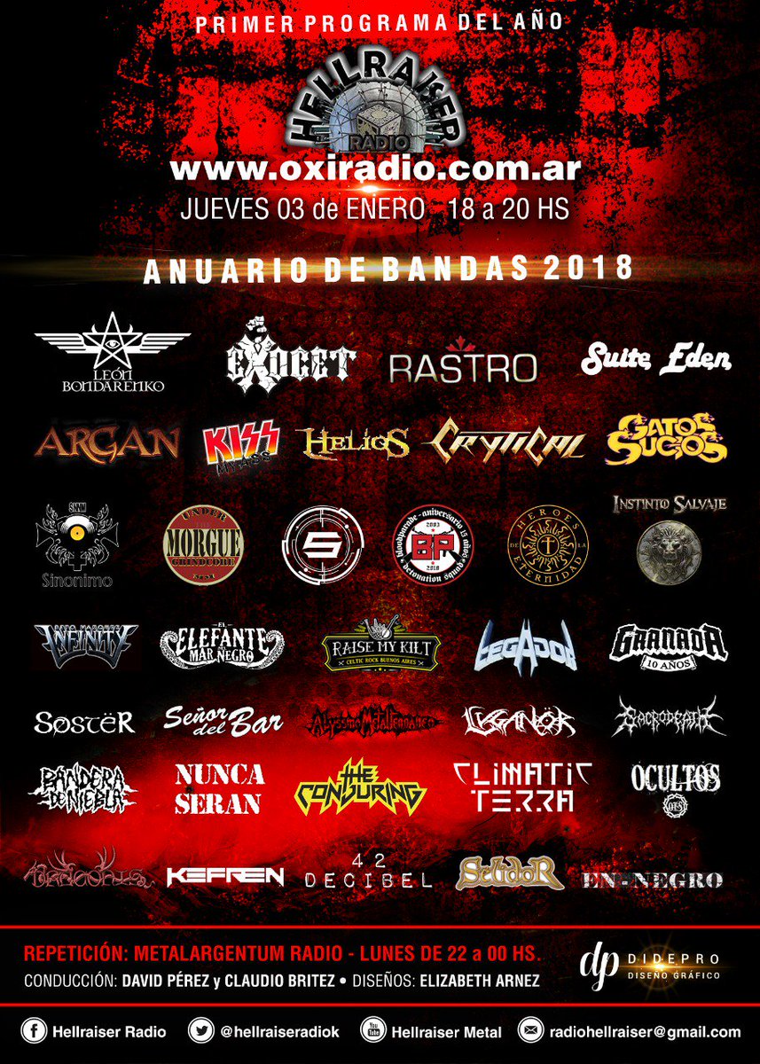 hellraiseradiok's tweet photo. Hoy desde las 18hs de Argentina sera el comienzo del primer capítulo de @hellraiseradiok en este 2019 con lo acontecido el 2018.
https://t.co/3mbQv6PmlF
App:oxiradio
#anuario2018 #heavymetal #hardrock #thrashmetal #grindcore #blackmetal #programasderadio #programasdemetal https://t.co/NY3r6iyLp4